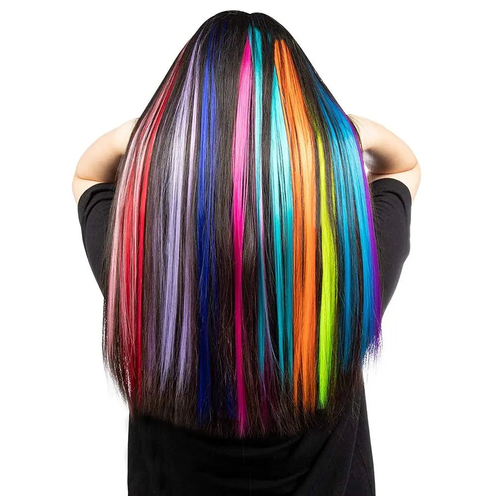 Kit d'extensions de cheveux synthétiques arc-en-ciel de 50 cm, 10 pièces, extensions colorées à pointes en I avec micro-perles et aiguille à crochet pour femmes et enfants, cosplay