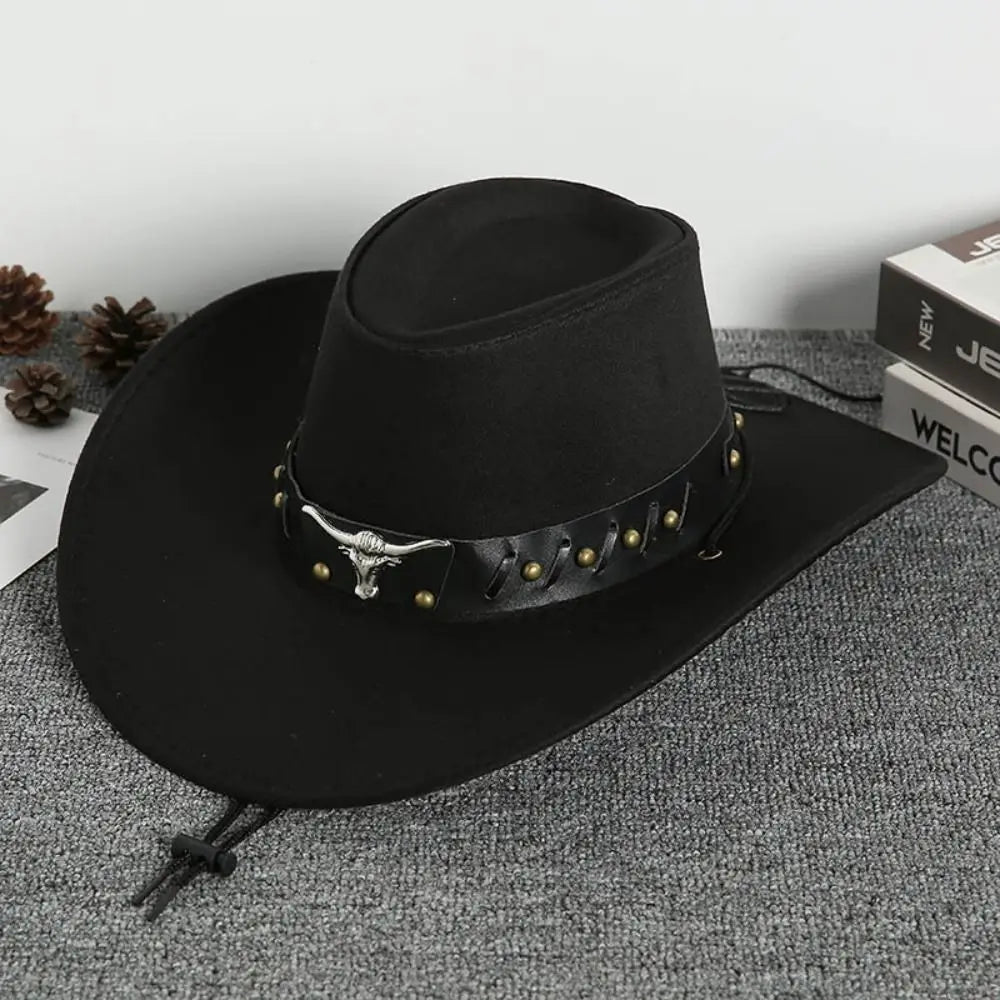 Chapeau de Cowboy occidental de Style ethnique Vintage, tête de vache à bord en rouleau, chapeau de Jazz en Polyester à large bord, chapeau de chevalier Cosplay