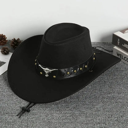 Chapeau de Cowboy occidental de Style ethnique Vintage, tête de vache à bord en rouleau, chapeau de Jazz en Polyester à large bord, chapeau de chevalier Cosplay