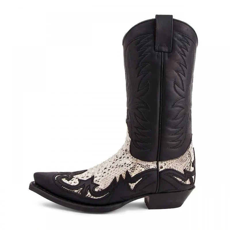 Pointed Toe Embroidered Mid-Calf Boots Snake Print Western Cowboy Men Botines Color-Blocked Slip-On Chelsea Cool Botas Femininas