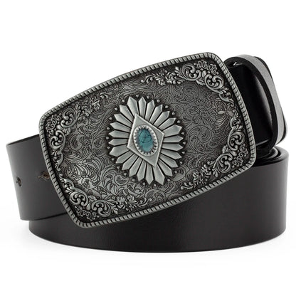 Ceinture classique en cuir véritable avec boucle en émail saphir et motif floral sculpté en argent pour femmes et hommes, cadeau