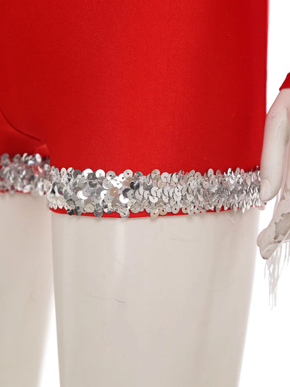 Womens Halloween Western Cowgirl Playsuit Sparkly Cosplay Costume 70s 80s Disco Bodysuit Tassel Fringe Sequins Boyshorts Rompers