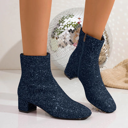 Luxury Sequined Women Ankle Boots Solid Color Chunky Block Heels Short Boot Side Zipper Autumn Winter Party Shoes Large Size
