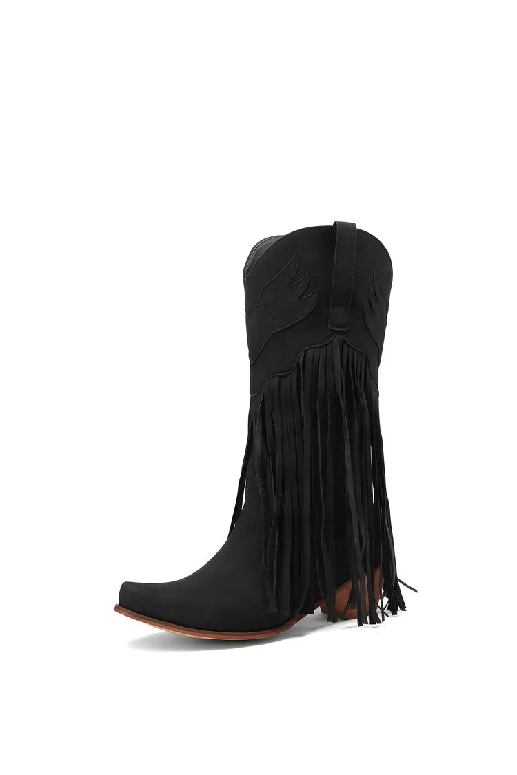 Nouvelles bottes de cowboy rétro ethniques pour femmes avec pompon à talon moyen, chaussures d'hiver pour femmes