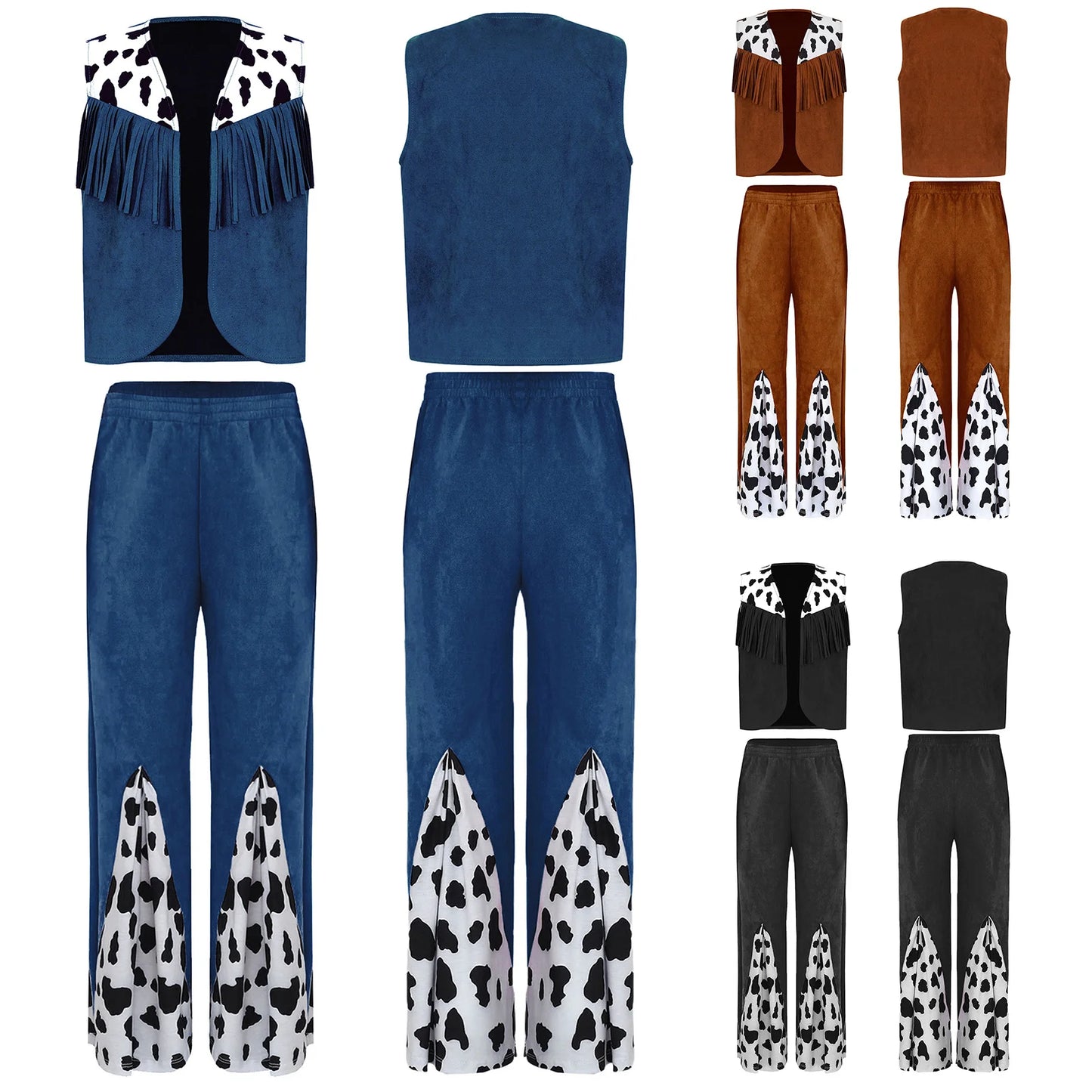 Kids Child Halloween Western Cowboy Cowgirl Cosplay Costume Cow Print Tassels Vest and Flared Pants Set Carnival Party Dress Up