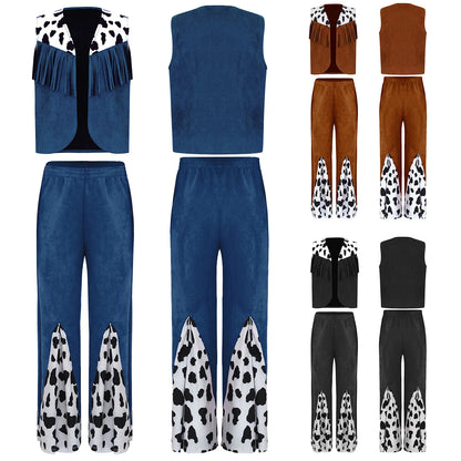 Kids Child Halloween Western Cowboy Cowgirl Cosplay Costume Cow Print Tassels Vest and Flared Pants Set Carnival Party Dress Up