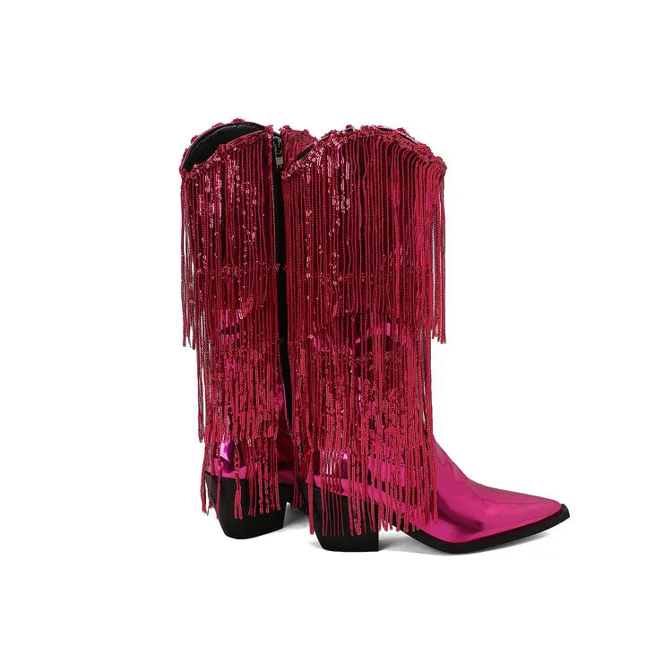 Bottes western à sequins et pompons, noires et argentées, courtes, en peluche, automne/hiver, talon de 6,5 cm, style bohème, hauteur genou, pointures 36 a 46.