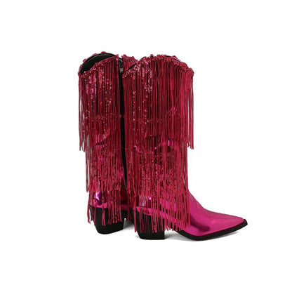 Bottes western à sequins et pompons, noires et argentées, courtes, en peluche, automne/hiver, talon de 6,5 cm, style bohème, hauteur genou, pointures 36 a 46.