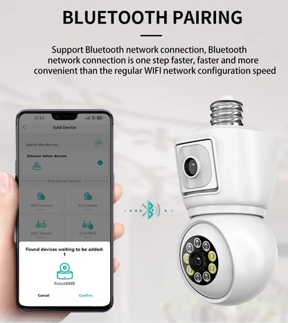 8MP E27 Bulb WiFi Camera 4K Dual Lens Dual Screen Cam Auto Tracking Two Way Audio Night Vision CCTV Security Protection ICSEE