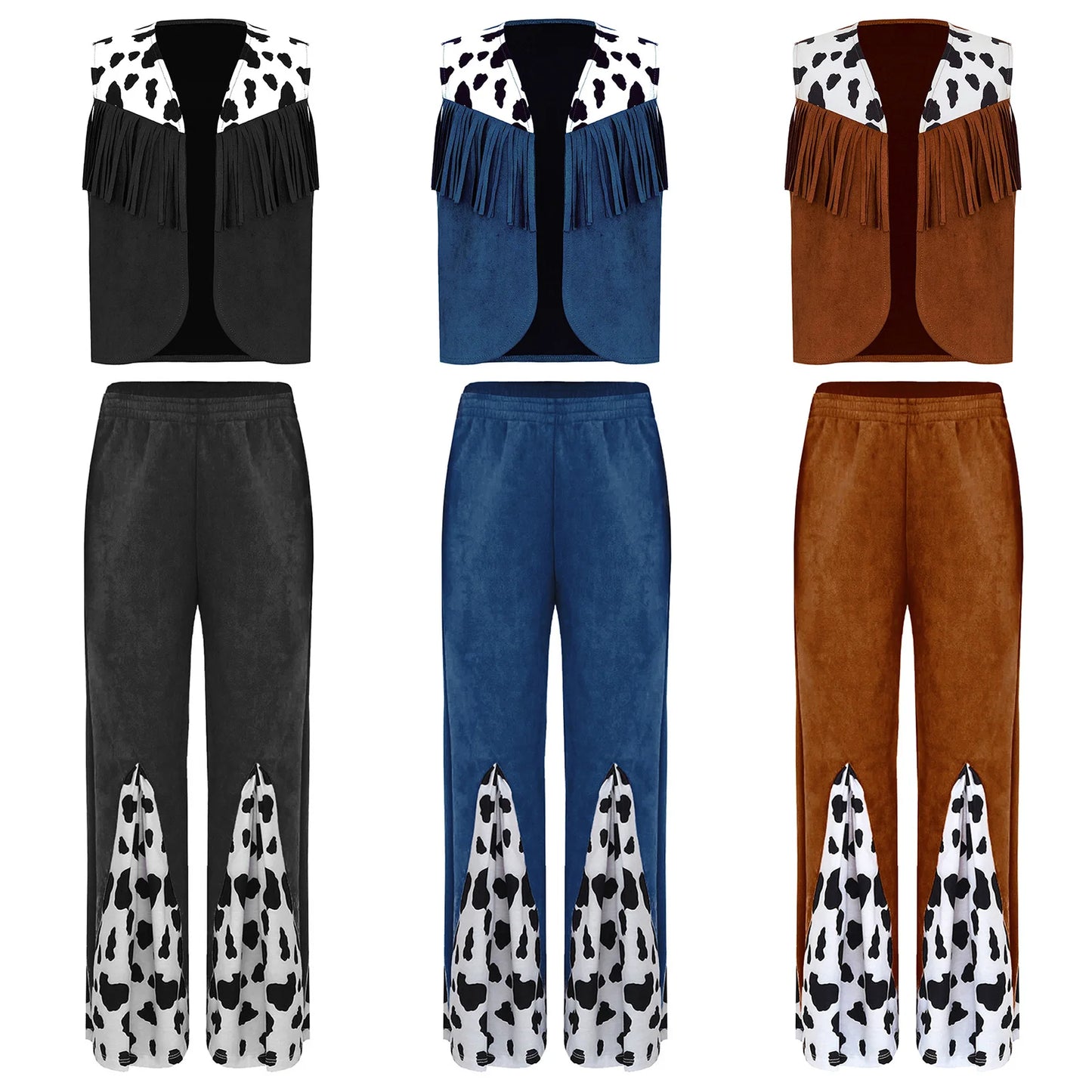 Kids Child Halloween Western Cowboy Cowgirl Cosplay Costume Cow Print Tassels Vest and Flared Pants Set Carnival Party Dress Up