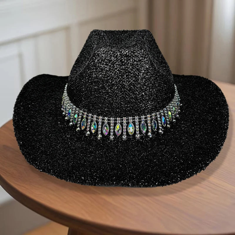 Women's Cowgirl Hat Stylish Rhinestone Design Sun Hat Wide Brim Western Cap for Party& Daily Life