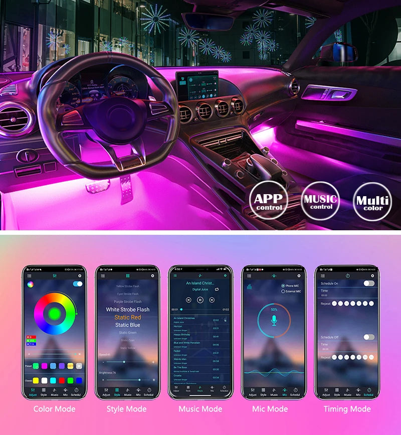 LED Car Music Light Strip 48LEDs USB Smart Bluetooth APP Control Waterproof Multi-color RGB Car Interior Atmosphere Light Strip
