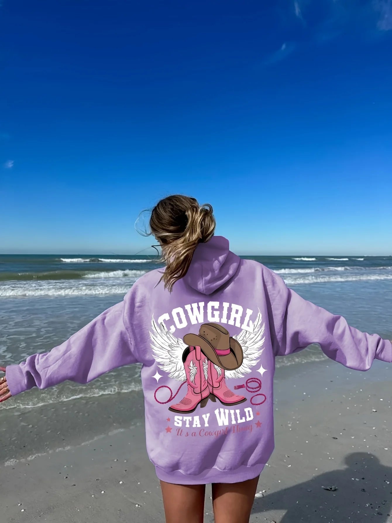 Western Chic Cowgirl Hoodie Soft Stretch Long Sleeve Pullover Sweatshirt with Hood Embroidered Cowboy Hat and Boots