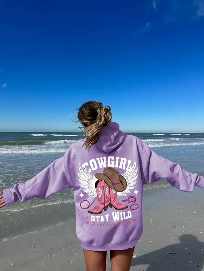 Western Chic Cowgirl Hoodie Soft Stretch Long Sleeve Pullover Sweatshirt with Hood Embroidered Cowboy Hat and Boots