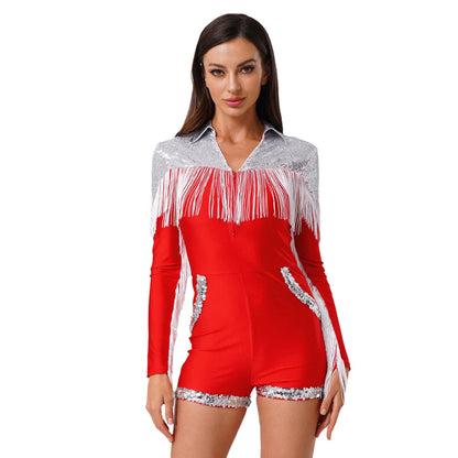 Womens Sequins Western Cowgirl Cosplay Costume Tassel Fringe Boyshorts Rompers 70s 80s Disco Bodysuit Front Zip Playsuit