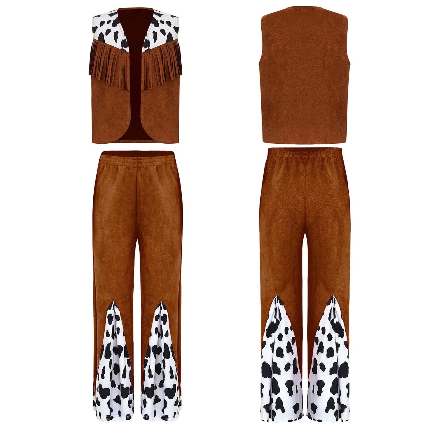 Kids Child Halloween Western Cowboy Cowgirl Cosplay Costume Cow Print Tassels Vest and Flared Pants Set Carnival Party Dress Up