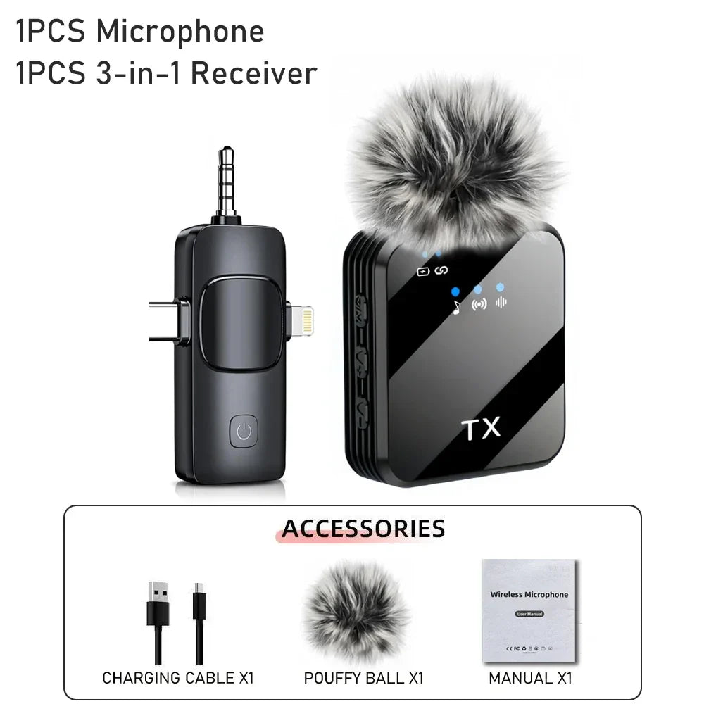 Wireless lapel microphone portable audio and video recording mini microphone suitable for iPhone, Android outdoor live streaming