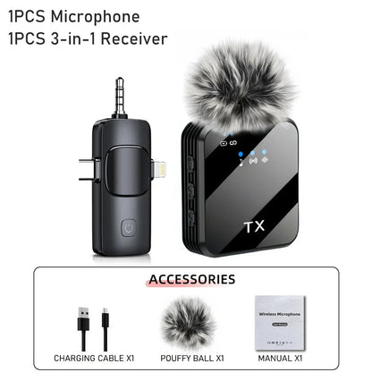 Wireless lapel microphone portable audio and video recording mini microphone suitable for iPhone, Android outdoor live streaming