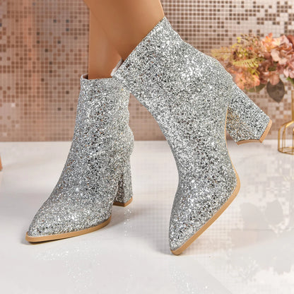 Women Boots 2025 New Fashion Sequins Round Toe Ankle Boots Women Autumn Winter Party Chunky Heels Shoes for Women Botas De Mujer