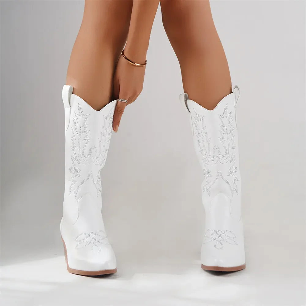 Bottes de cowboy blanches à talons hauts mi-mollet pour femmes, grande taille 43, de haute qualité, style vintage, style country et western