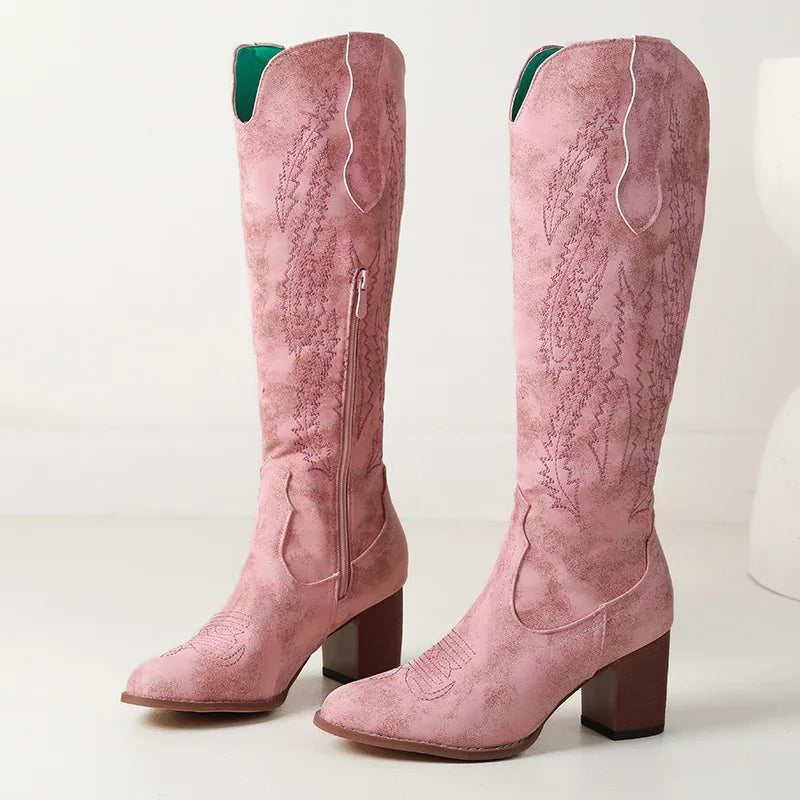 Bottes de cavalière roses style western, bottes de cowboy pointues mi-mollet, bottes en cuir à gros talon brodées pour femmes
