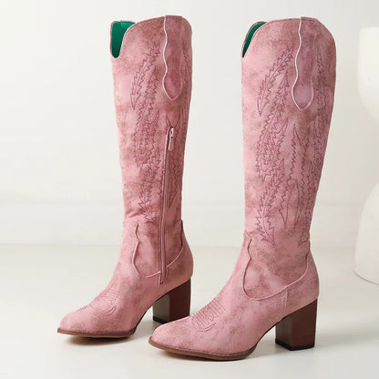 Bottes de cavalière roses style western, bottes de cowboy pointues mi-mollet, bottes en cuir à gros talon brodées pour femmes