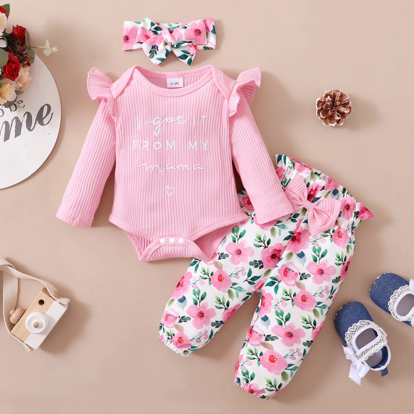 0-18M Baby Girl Pink Clothes Set Spring&Autumn Clothing Long Sleeve Bodysuit+Floral Pants+Headband 3PCS Toddler Fashion Outfits