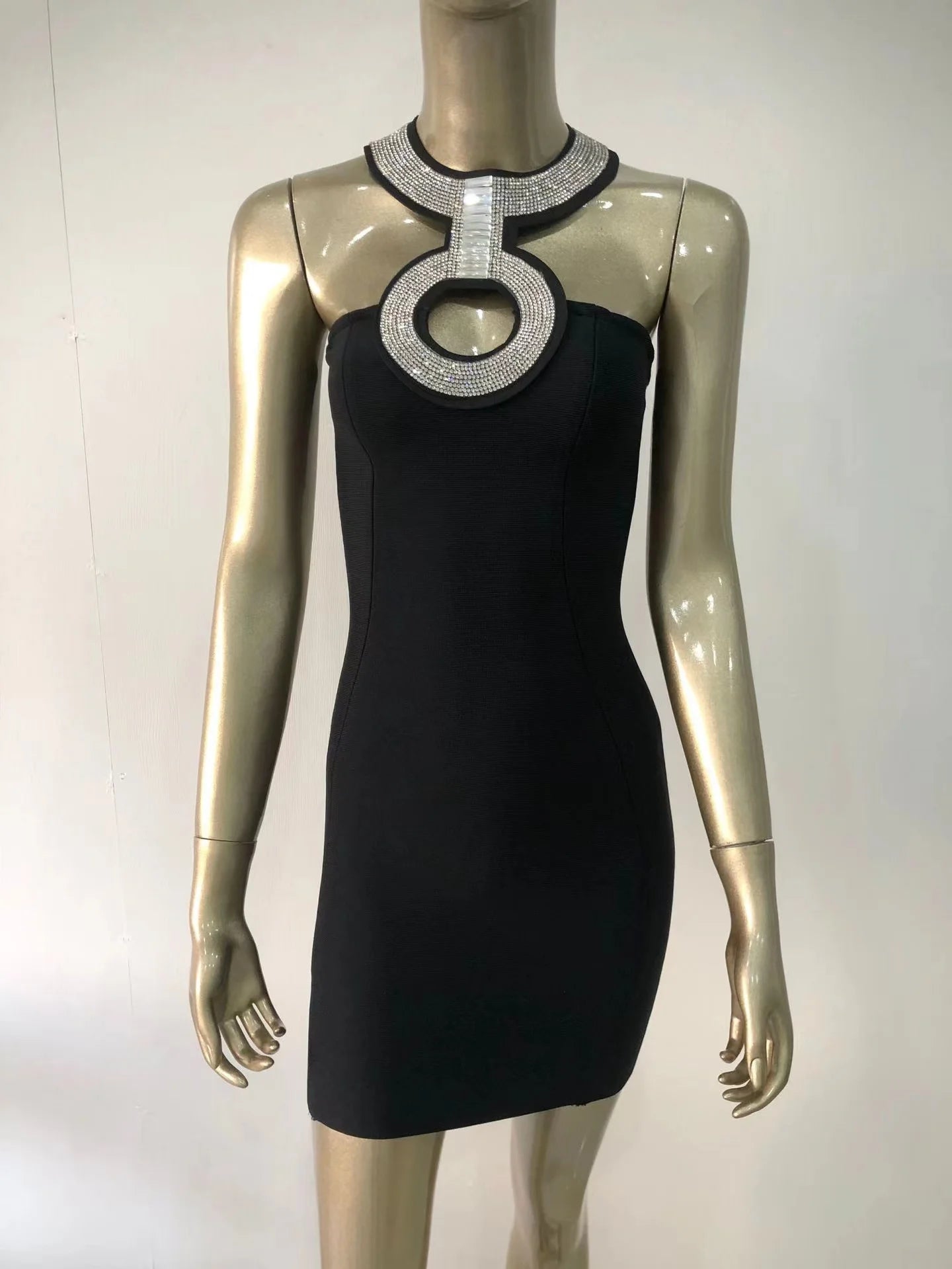 2022 New Bandage Dress Fashion Sexy Halter Neck Diamond Collar Short Skirt Banquet Party Little Black Dress-A1252