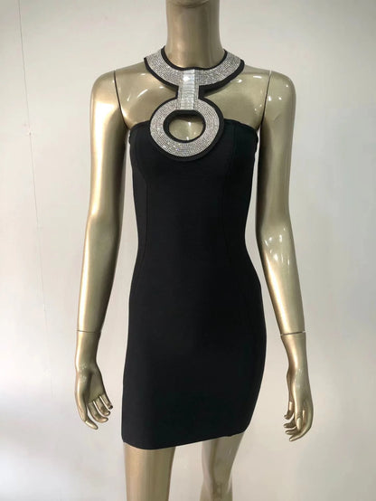 2022 New Bandage Dress Fashion Sexy Halter Neck Diamond Collar Short Skirt Banquet Party Little Black Dress-A1252