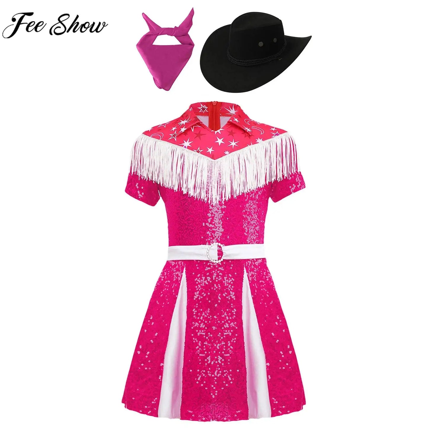 Kids Girls Western Cowgirl Cosplay Costume Fringe Sequin Dress with Cowboy Hat Bandanna Halloween Carnival Theme Party Outfit