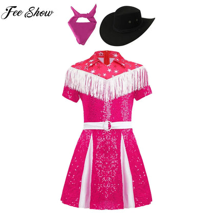 Kids Girls Western Cowgirl Cosplay Costume Fringe Sequin Dress with Cowboy Hat Bandanna Halloween Carnival Theme Party Outfit