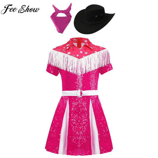 Kids Girls Western Cowgirl Cosplay Costume Fringe Sequin Dress with Cowboy Hat Bandanna Halloween Carnival Theme Party Outfit