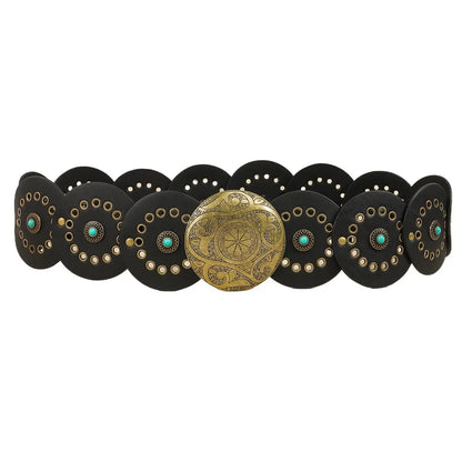 Exaggerated Wide Boho Disc Belt Rivet Turquoise Carved Buckle Waist Belt Adjustable Alloy Western Leather Waistband Cowgirl