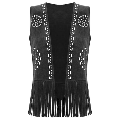 Womens Western Cowgirl Fringe Hippy Cosplay Costume 70s Disco Vest Vintage Hollow Out Tassel Tank Tops Faux Suede Waistcoat