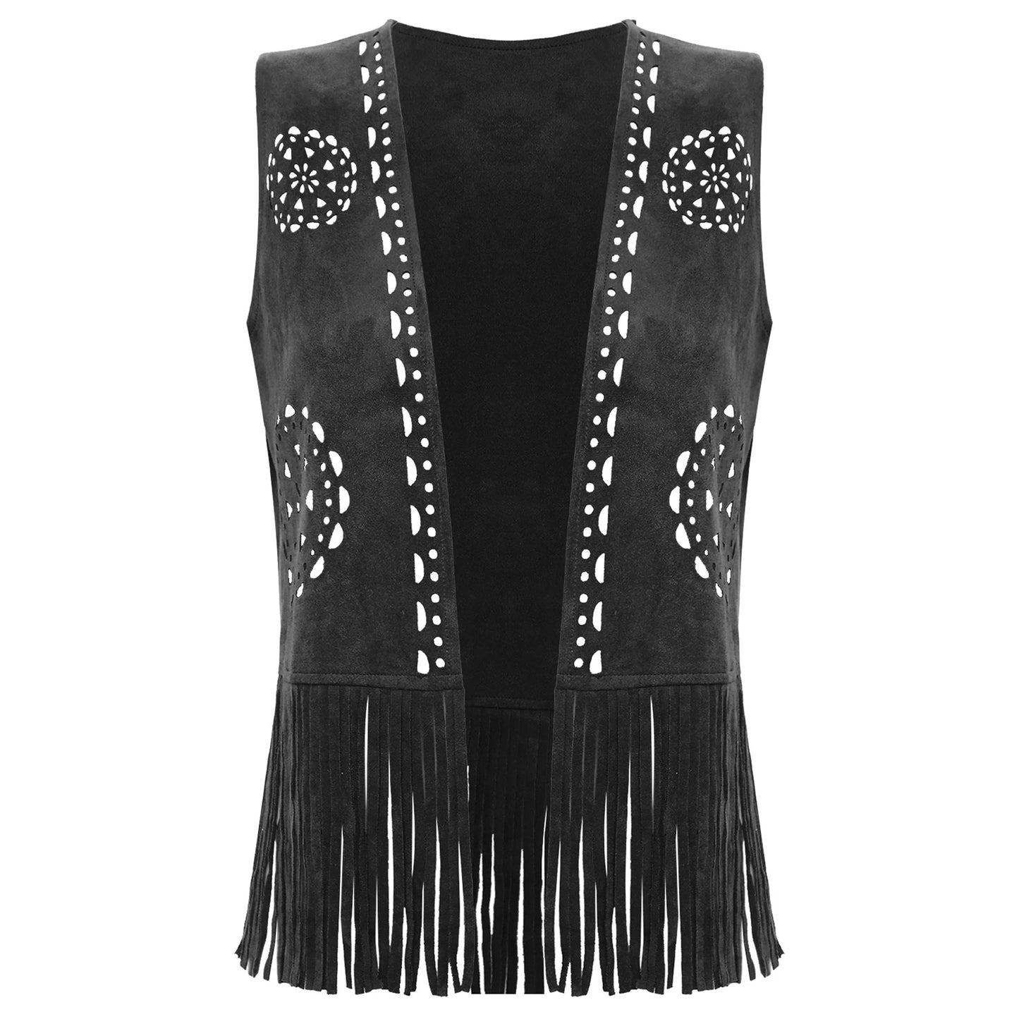Débardeur vintage à franges style cowgirl hippie style années 70 pour femme, style disco, style années 70, ajouré, pompon, gilet en faux daim