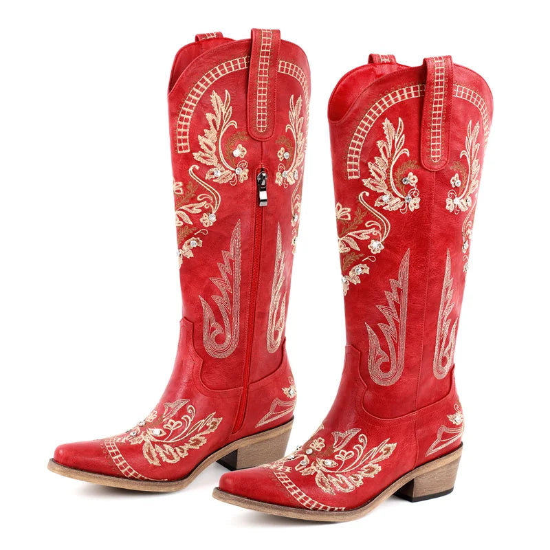 Bottes de cowboy blanches brodées Onlymaker pour femmes, à talon bloc, bout pointu, ornées de cristaux, style cowgirl.