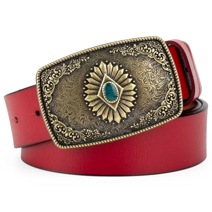 Ceinture classique en cuir véritable avec boucle en émail saphir et motif floral sculpté en argent pour femmes et hommes, cadeau