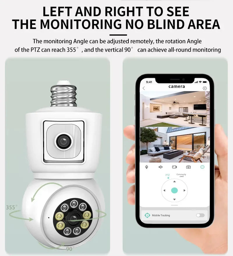 8MP E27 Bulb WiFi Camera 4K Dual Lens Dual Screen Cam Auto Tracking Two Way Audio Night Vision CCTV Security Protection ICSEE