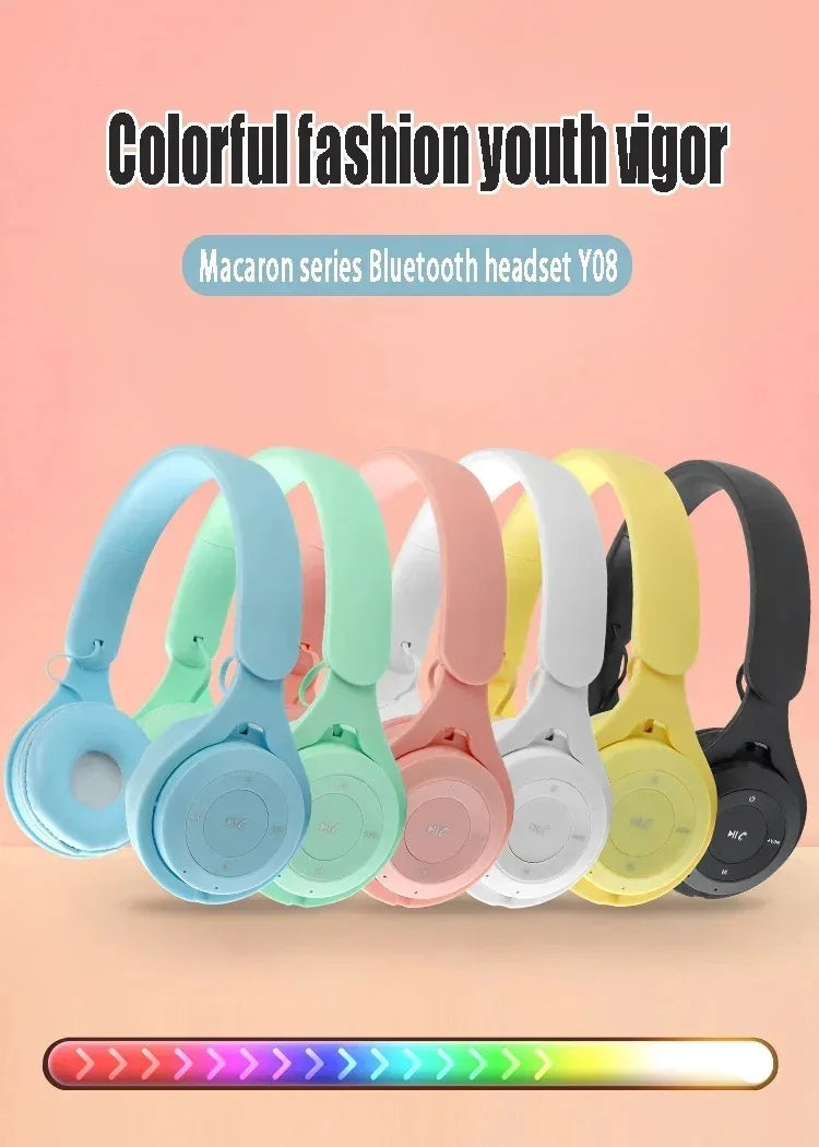 Y08 Macaron Wireless Bluetooth Headphones With Microphone Wired Earphones Gaming Headset Gamer Mp3 Players Choice Kids Gifts
