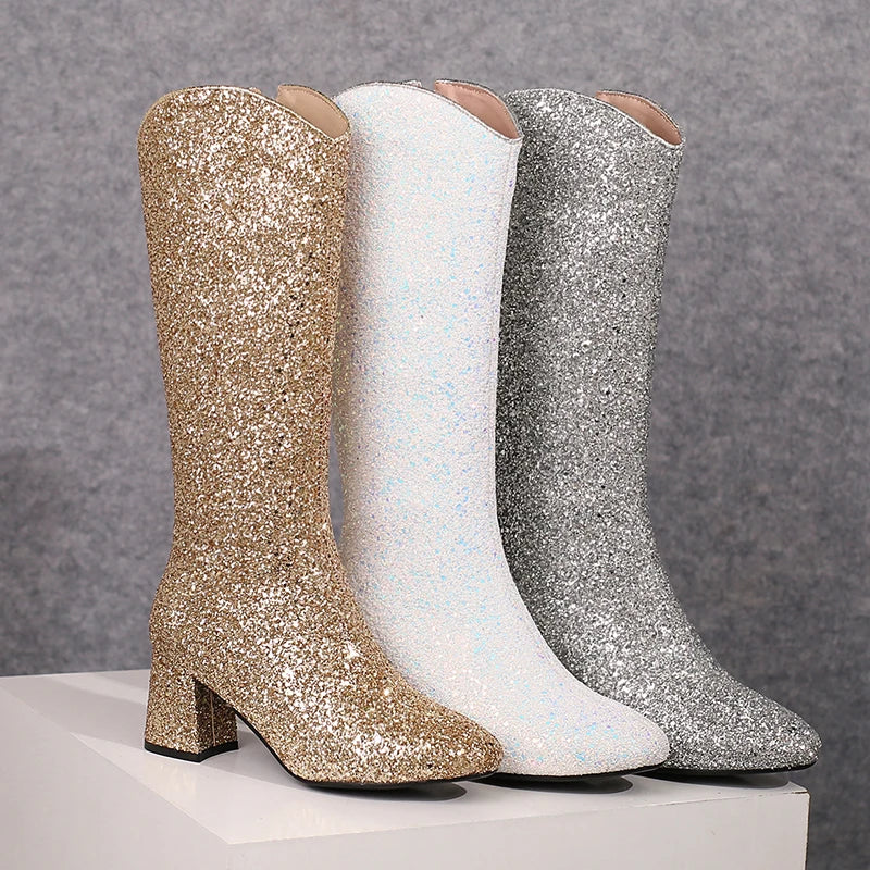 Grainy Sequin Women's Tall Boots Bling Sung Fit Knee High Boots 6.5cm Heels Comfy 2024 Winter Shoes
