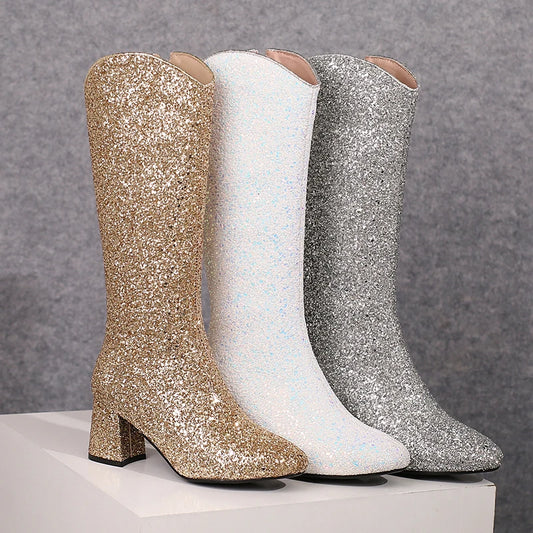 Grainy Sequin Women's Tall Boots Bling Sung Fit Knee High Boots 6.5cm Heels Comfy 2024 Winter Shoes