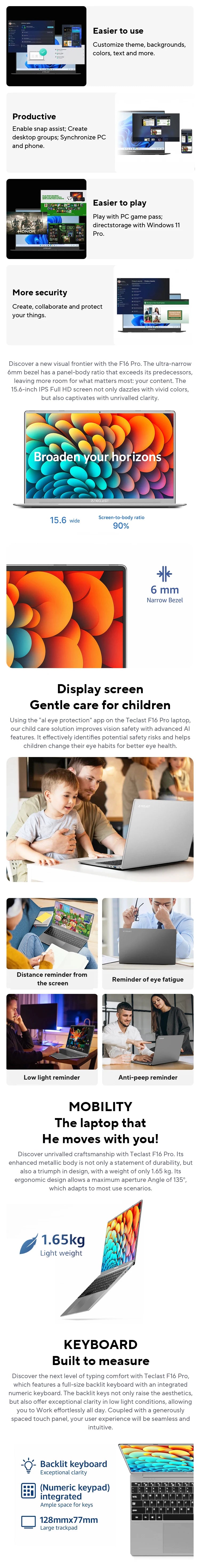 TECLAST F16Pro Laptop 15.6 inch, 16GB RAM 512GB SSD Computers, for Intel N95 CPU, IPS FHD 1080P Screen, WiFi 6, BT 5.0, USB3.2, Backlit Keyboard, 38000mWh