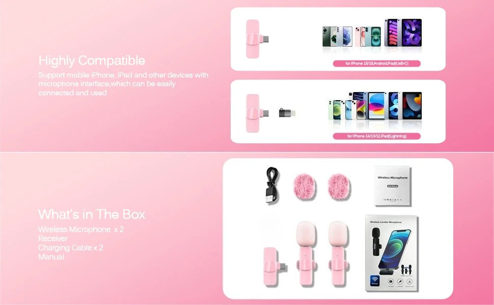 Pink Wireless Lavalier Lapel Microphone for iPhone iPad Vlogging Video Recording Mic for Live Interview Podcast Mic for Girl