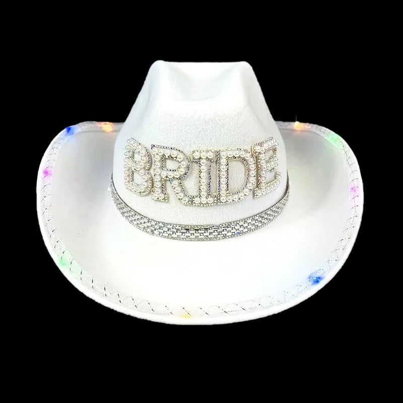 Bride White Cowboy Veil Hat Pearl Rhinestone Wedding Cowgirl Hat Bach Bachelorette Hen Party Bridal Shower Decoration Gift