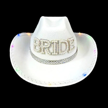 Bride White Cowboy Veil Hat Pearl Rhinestone Wedding Cowgirl Hat Bach Bachelorette Hen Party Bridal Shower Decoration Gift