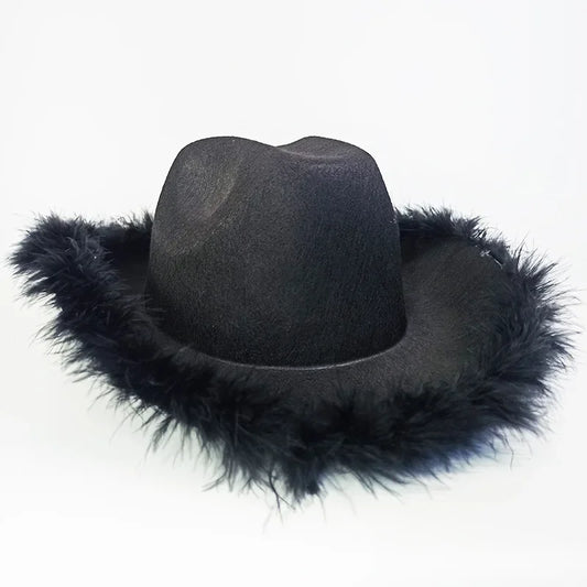 Chapeau de cow-girl rose pour femme, chapeau de cowboy à bord en fourrure rose, pour bar, danse, fête, déguisement, pour filles heureuses, chapeau de cowboy rose pour fête d'anniversaire