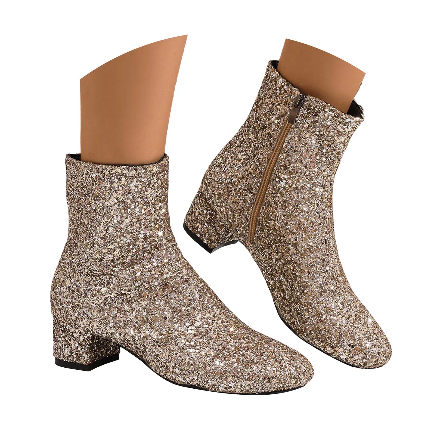 Luxury Sequined Women Ankle Boots Solid Color Chunky Block Heels Short Boot Side Zipper Autumn Winter Party Shoes Large Size