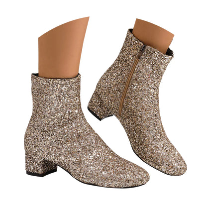 Luxury Sequined Women Ankle Boots Solid Color Chunky Block Heels Short Boot Side Zipper Autumn Winter Party Shoes Large Size