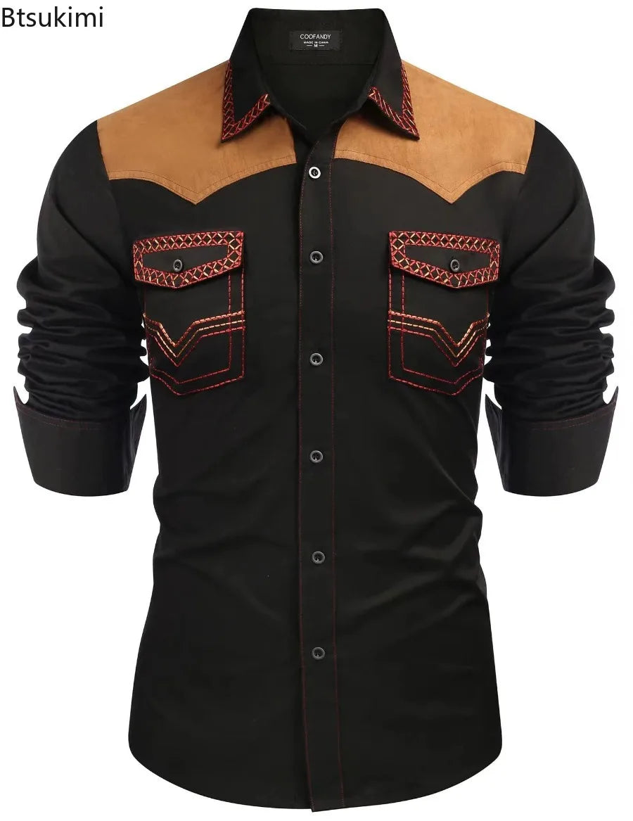 Chemise style cowboy western pour homme, printemps-automne 2025, manches longues, revers, vêtements décontractés et tendance