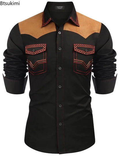 Chemise style cowboy western pour homme, printemps-automne 2025, manches longues, revers, vêtements décontractés et tendance